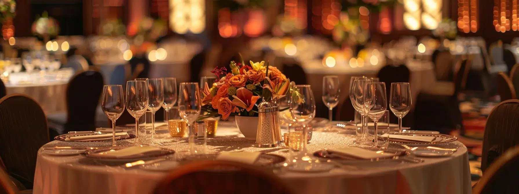 an elegantly set banquet table draped in a luxurious, shimmering tablecloth, surrounded by opulent decor and ambient lighting that enhances the sophistication of a high-end event setting.