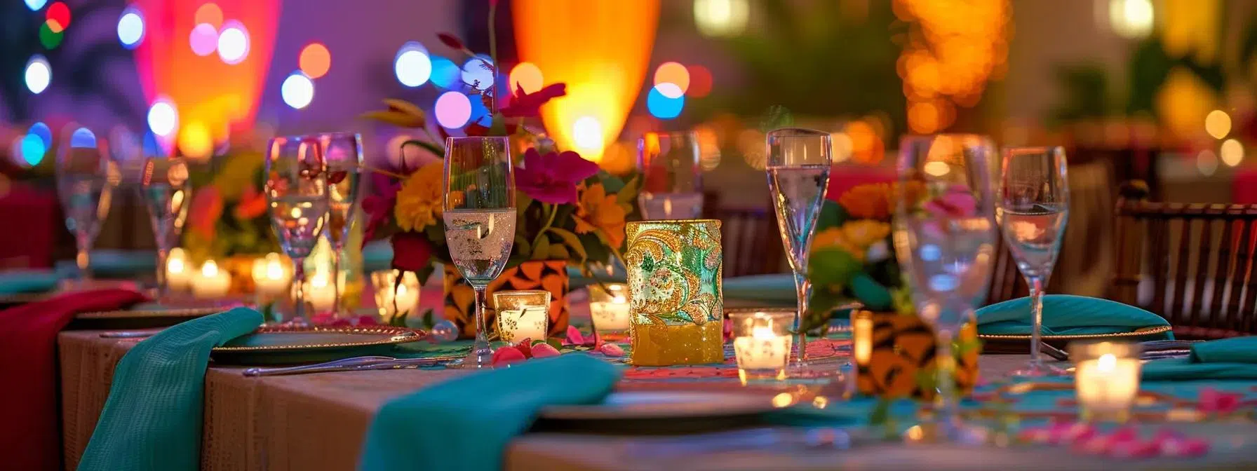 an elegantly set dining table adorned with vibrant, thematic decorations and personalized touches, capturing the festive atmosphere of milestone celebrations, such as a graduation or anniversary, in a stylish indoor venue illuminated by soft, warm lighting.