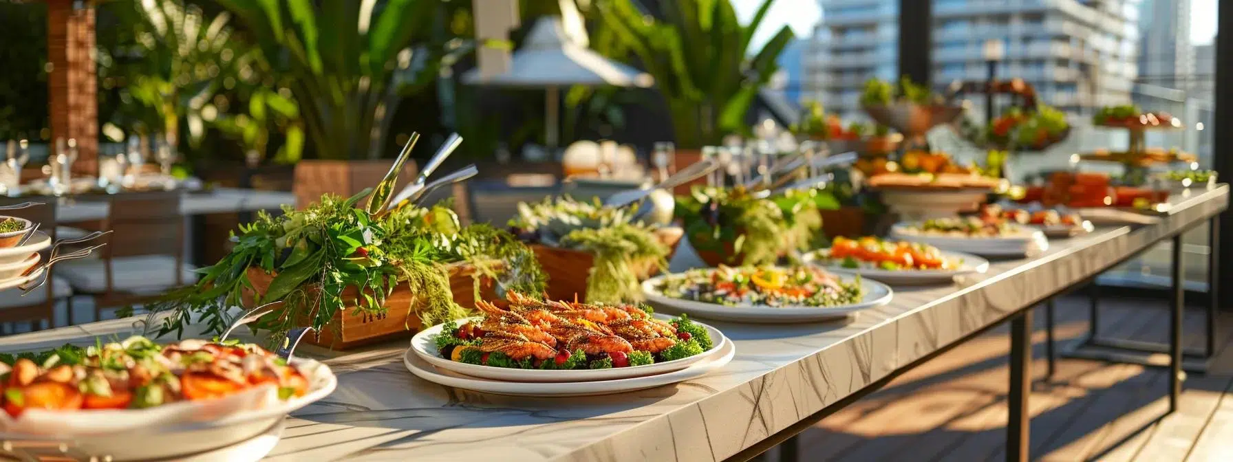 an engaging outdoor event scene showcases a vibrant buffet table adorned with beautifully arranged dishes made from local, seasonal ingredients, with eco-friendly packaging subtly highlighted, all set against a stylish urban backdrop.