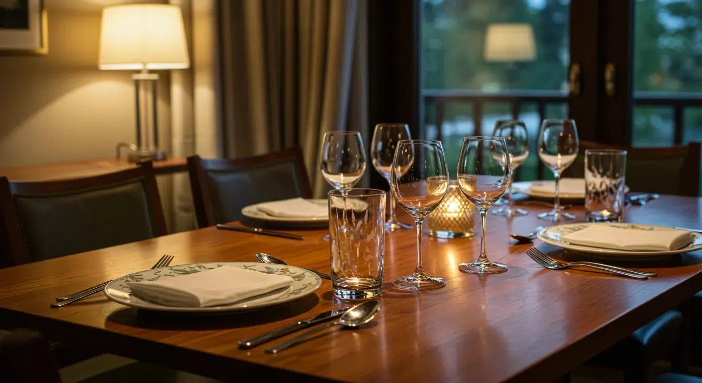 a polished dining table elegantly set with coordinated glassware and flatware, spotlighted under ambient warm lighting, showcasing their gleaming surfaces and intricate designs, inviting viewers to appreciate the art of tableware care and maintenance.