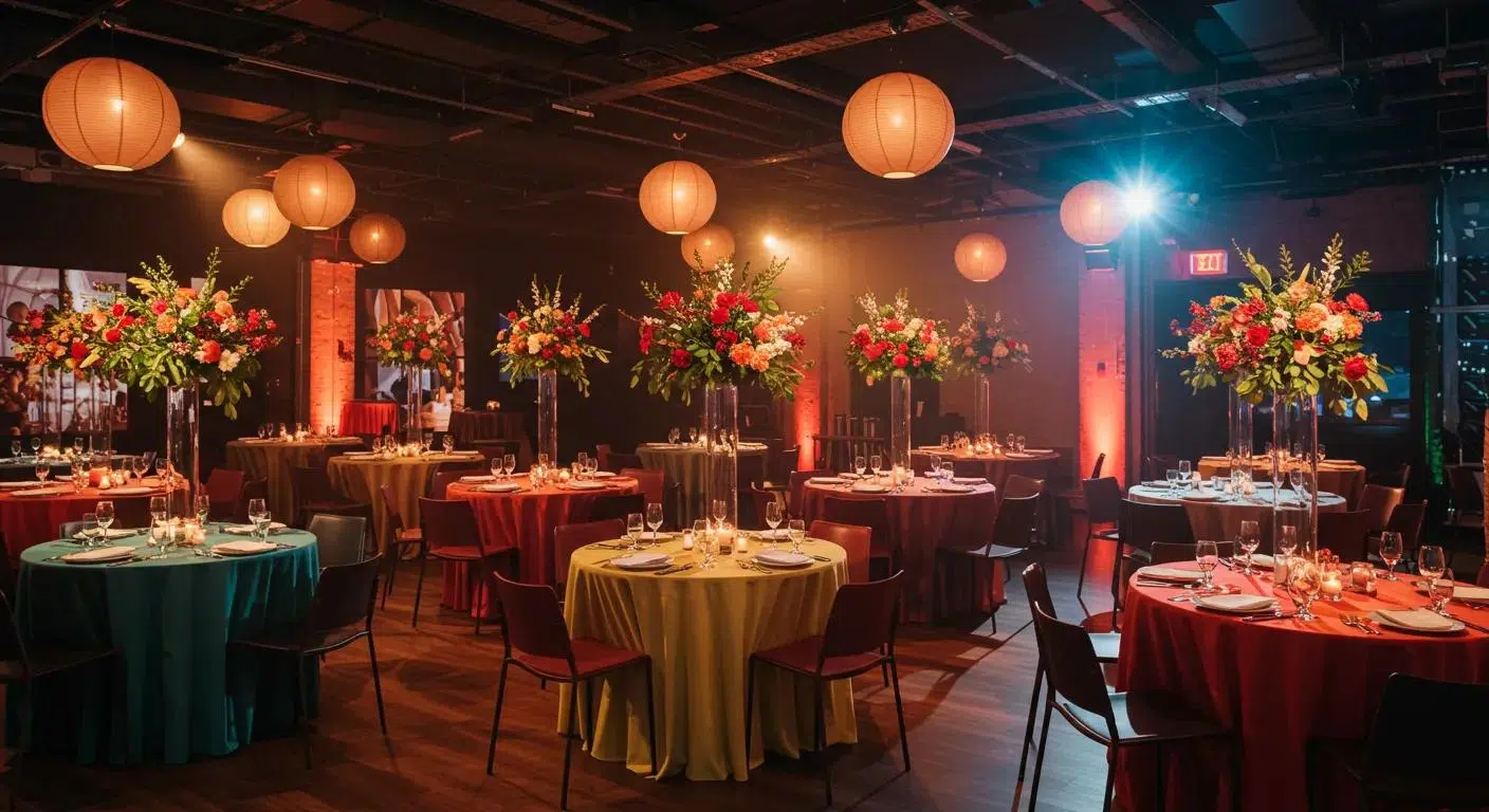 a vibrant urban event space showcases elegantly styled tables draped in newly innovated linen fabrics, highlighting their rich colors and sleek finishes under atmospheric lighting.