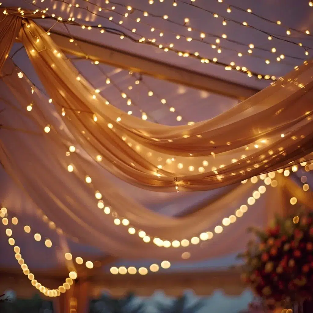 Close-up of string lights creating a warm glow in a wedding tent