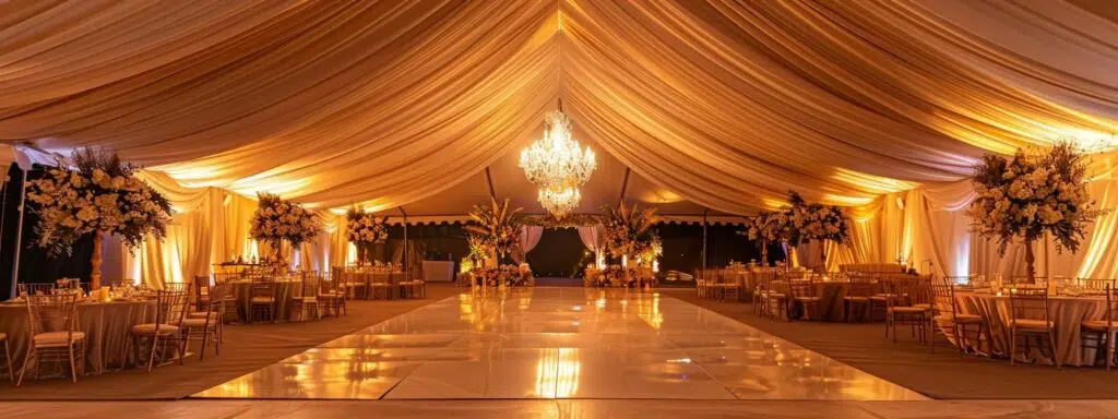 a sophisticated event space showcasing elegant tent décor with innovative lighting features and stylish furnishings, creating a seamless blend of ambience and functionality.
