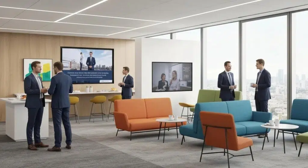 Corporate networking lounge with comfortable seating and professionals engaging in conversation