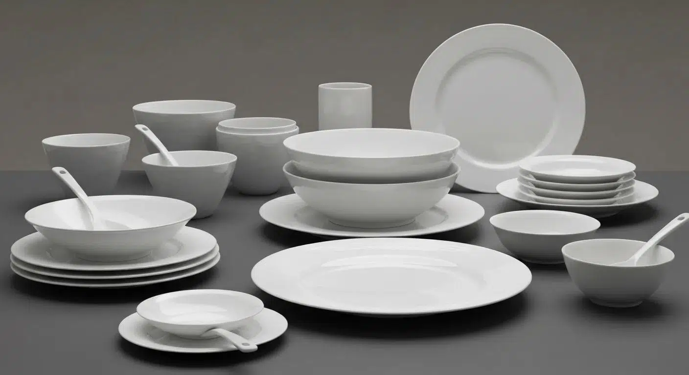 Artistic display of elegant tableware materials for corporate events including porcelain and bone china