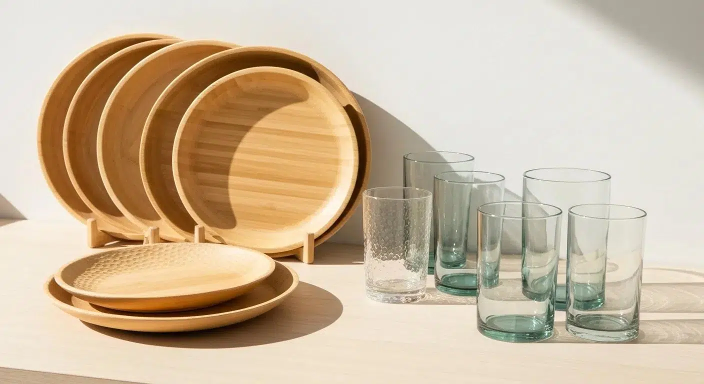 Vibrant display of eco-friendly tableware options including bamboo plates and recycled glass tumblers