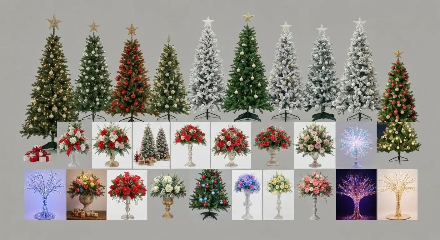 Diverse holiday decorations for rent including Christmas trees and centerpieces