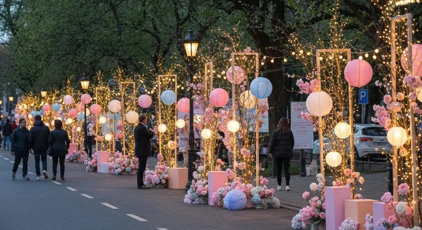Spring event lighting with pastel hues and paper lanterns creating a fresh and vibrant atmosphere