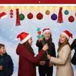 Festive holiday photo booth with colorful props and a cheerful winter backdrop