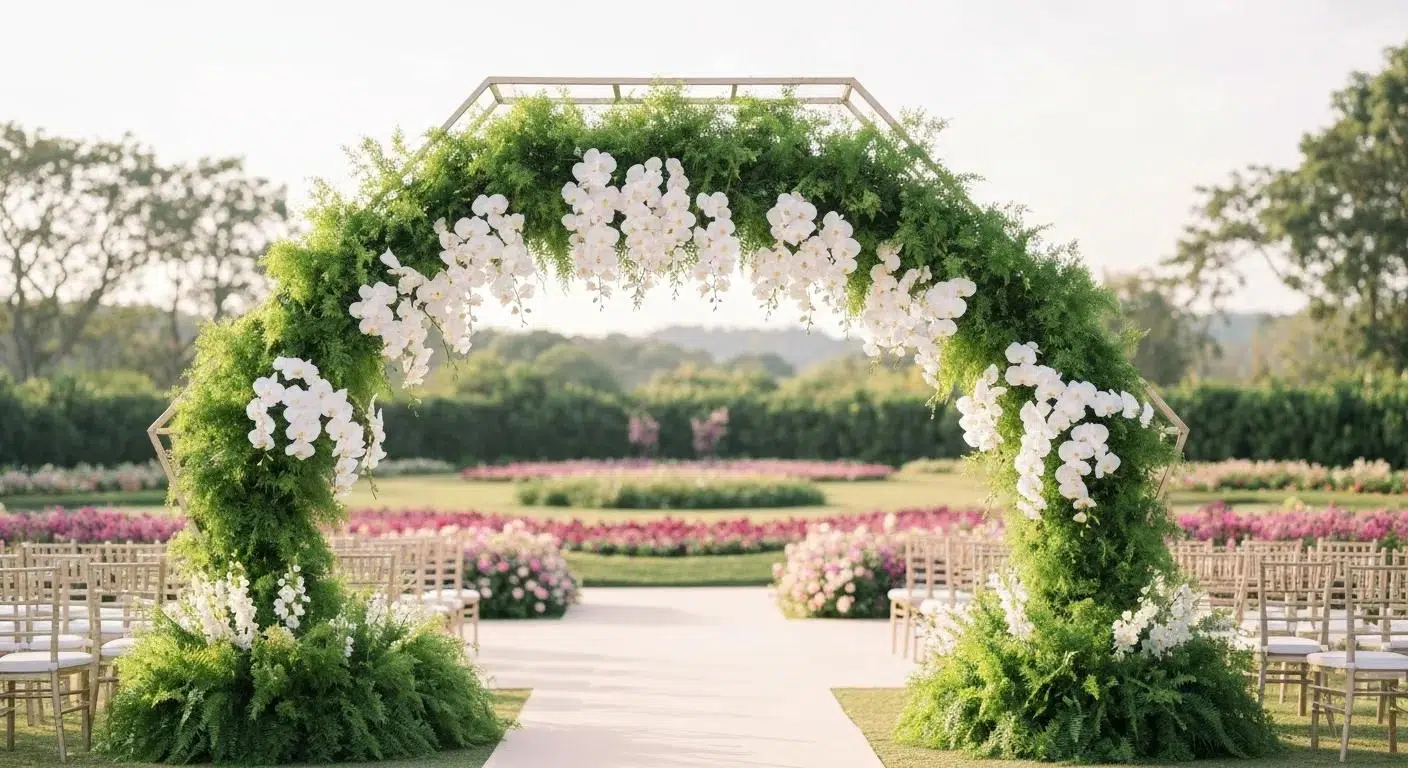 Elegant wedding arch decorated with flowers enhancing the ceremony atmosphere