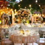 Elegant wedding chairs and tables setup showcasing Chiavari and Ghost chairs in a romantic outdoor venue