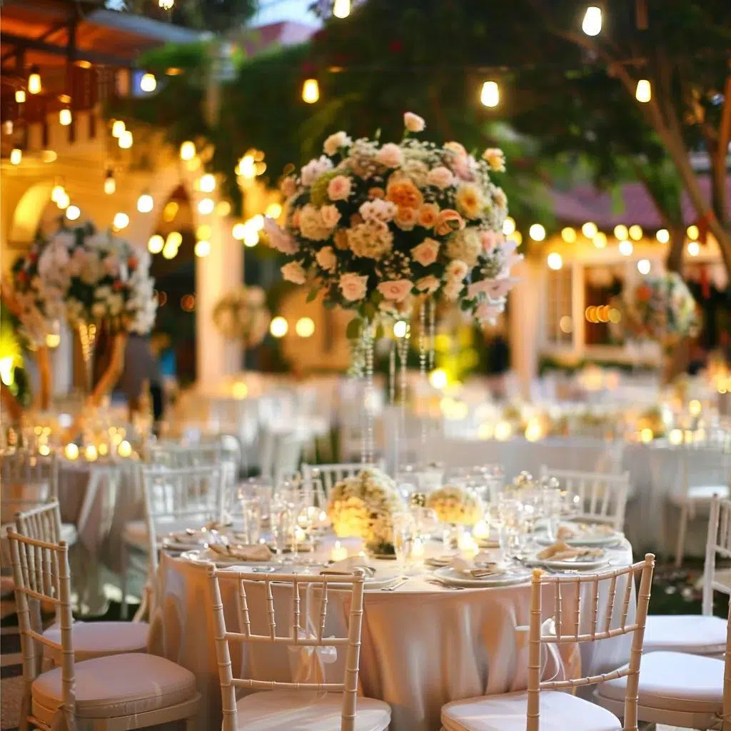 Elegant wedding chairs and tables setup showcasing Chiavari and Ghost chairs in a romantic outdoor venue
