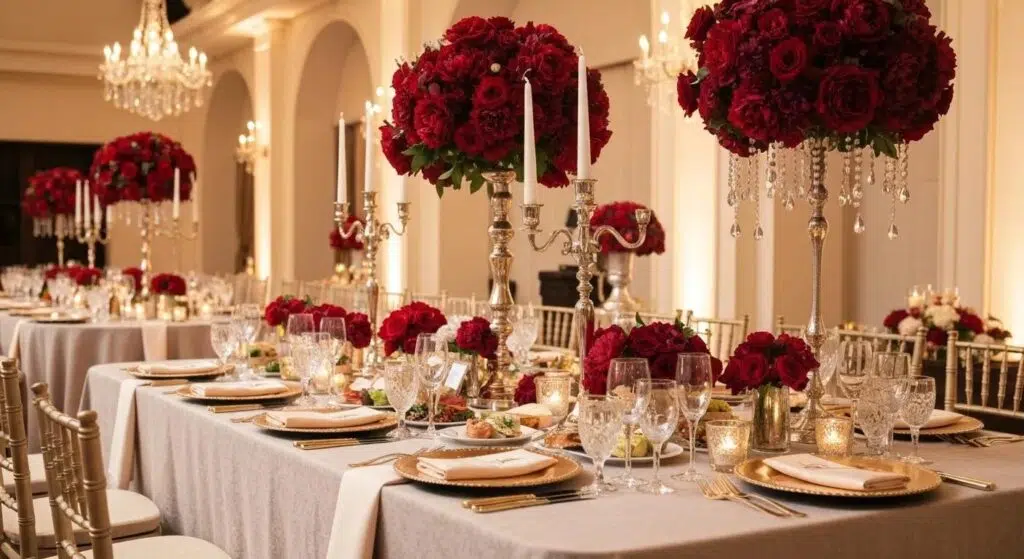Elegant wedding reception with premium tableware and linens enhancing the celebration atmosphere