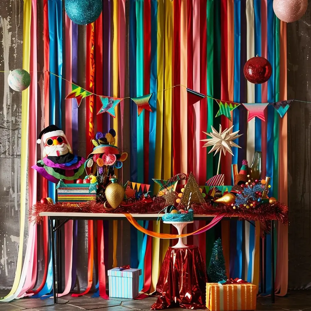 DIY holiday photo corner with colorful backdrop and festive props