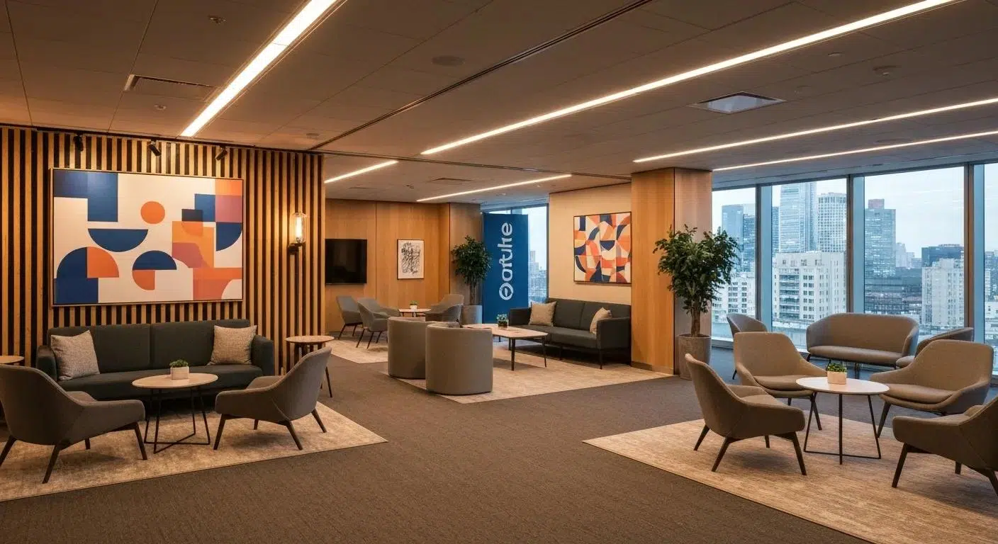Atmospheric view of a corporate networking lounge with effective ambiance and decor elements