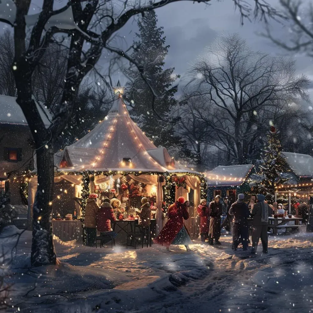 Outdoor holiday party tent setup with festive decorations and guests enjoying a winter celebration