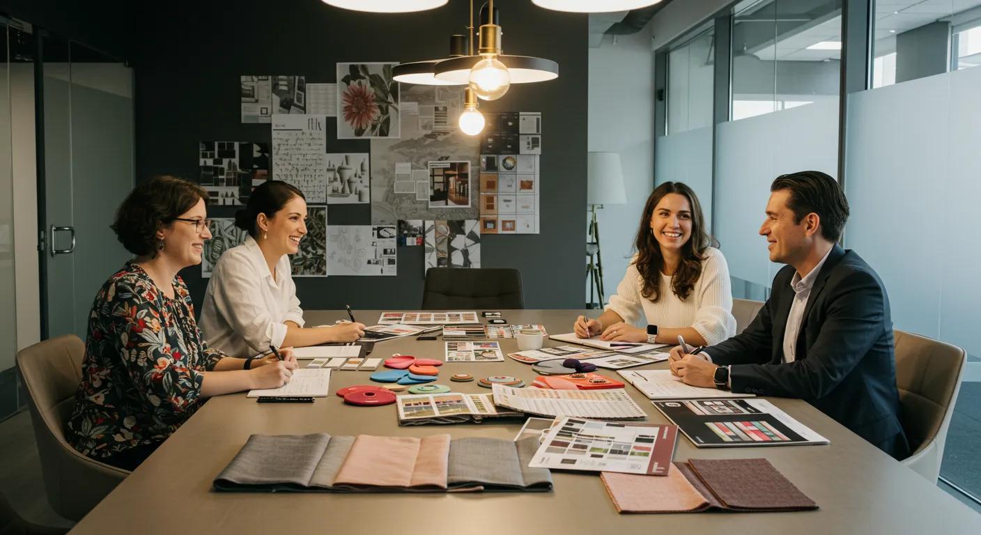 a sleek, modern office space showcases a vibrant décor consultation in progress, featuring an array of colorful fabric swatches and design samples displayed on a polished table, while a design expert engages enthusiastically with clients in a well-lit, stylish environment.
