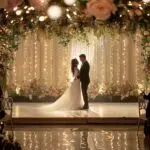 Elegant wedding dance floor with classic wood style and couple dancing