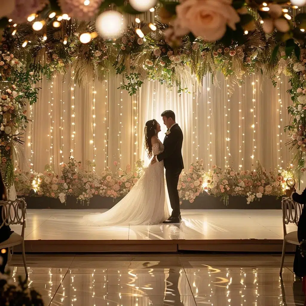 Elegant wedding dance floor with classic wood style and couple dancing