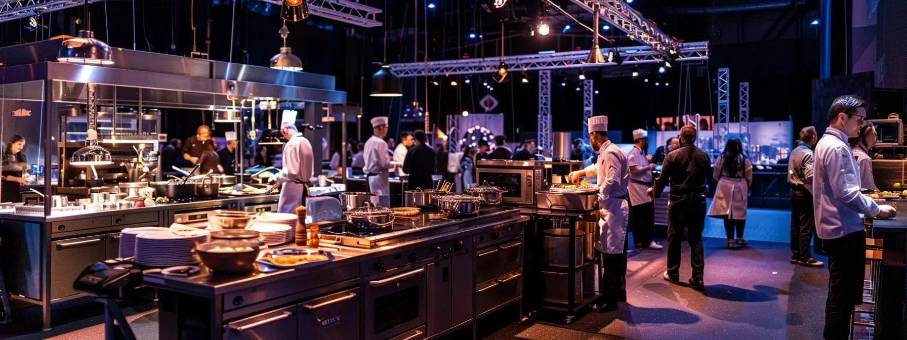 a bustling culinary event unfolds in a sleek urban space, featuring a modern mobile kitchen with professional chefs skillfully preparing gourmet dishes, illuminated by vibrant overhead lights, while guests engage in lively conversation around elegant dining setups.