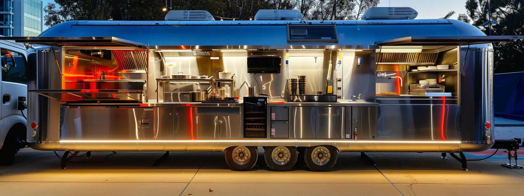 a sleek mobile kitchen trailer, fully equipped with gleaming stainless steel appliances and bright led lighting, is parked at an outdoor event, bustling with chefs preparing a vibrant array of gourmet dishes for eager guests.