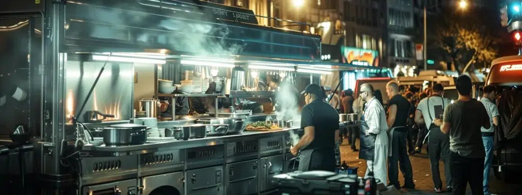 a vibrant mobile kitchen setup in a bustling urban environment, featuring a sleek food truck with chefs actively preparing gourmet dishes amidst an enthusiastic crowd.