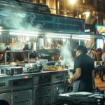 a vibrant mobile kitchen setup in a bustling urban environment, featuring a sleek food truck with chefs actively preparing gourmet dishes amidst an enthusiastic crowd.