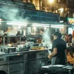 a vibrant mobile kitchen setup in a bustling urban environment, featuring a sleek food truck with chefs actively preparing gourmet dishes amidst an enthusiastic crowd.