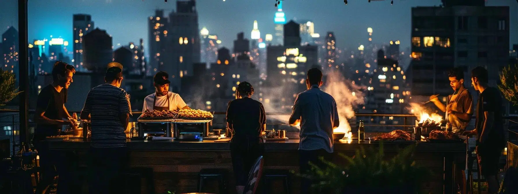 a vibrant urban rooftop grilling scene showcases a diverse group of culinary enthusiasts expertly mastering grilling techniques over sizzling barbecue equipment, illuminated by the warm glow of evening city lights.