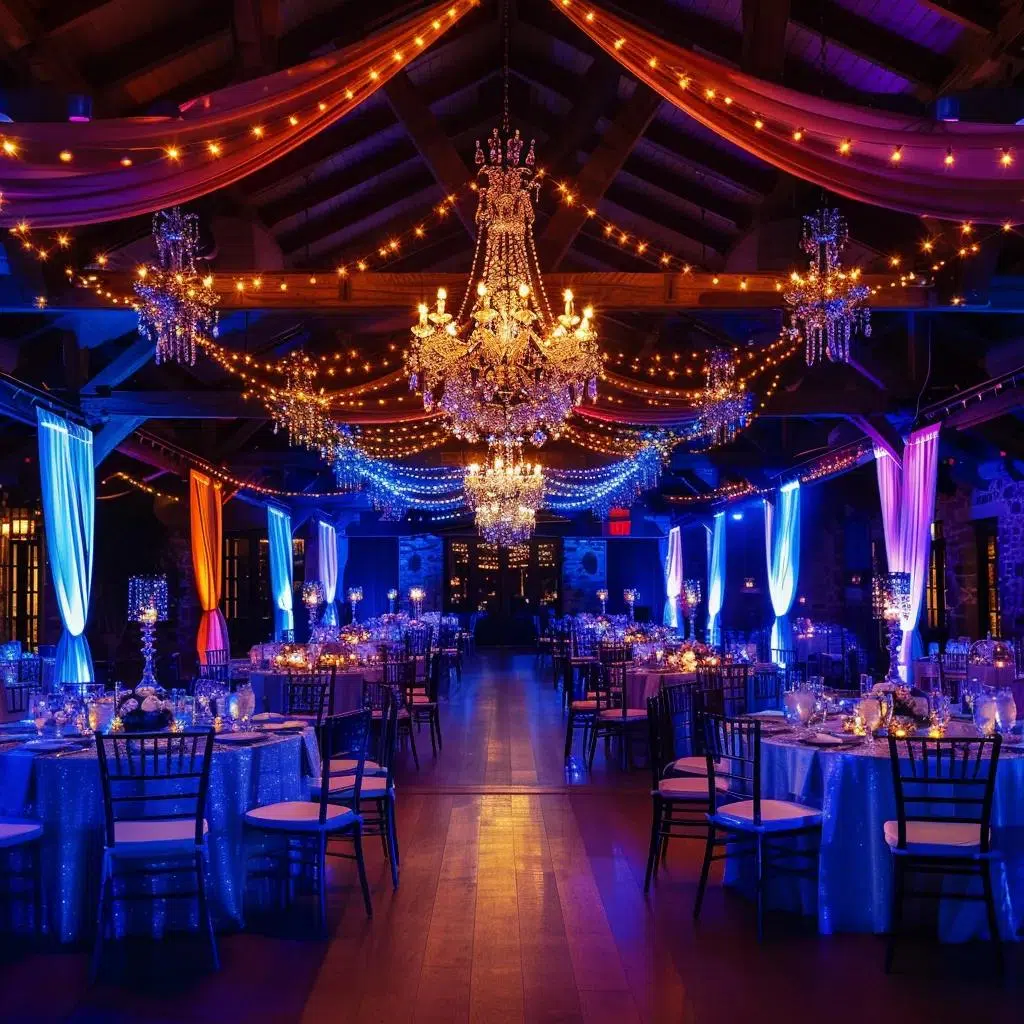 Wedding venue transformed by unique lighting rentals creating an enchanting atmosphere