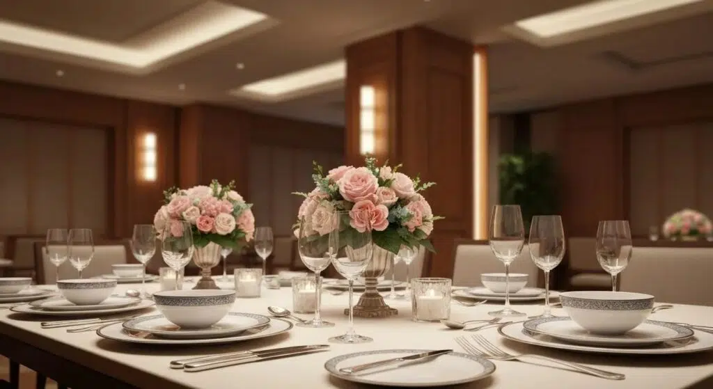 Elegant corporate dinner tableware setting showcasing fine china and polished silverware
