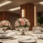 Elegant corporate dinner tableware setting showcasing fine china and polished silverware