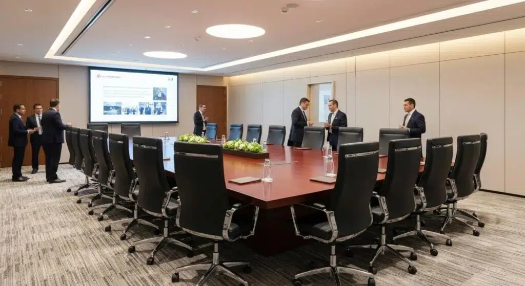 Elegant corporate event furniture setup with ergonomic chairs and sleek tables