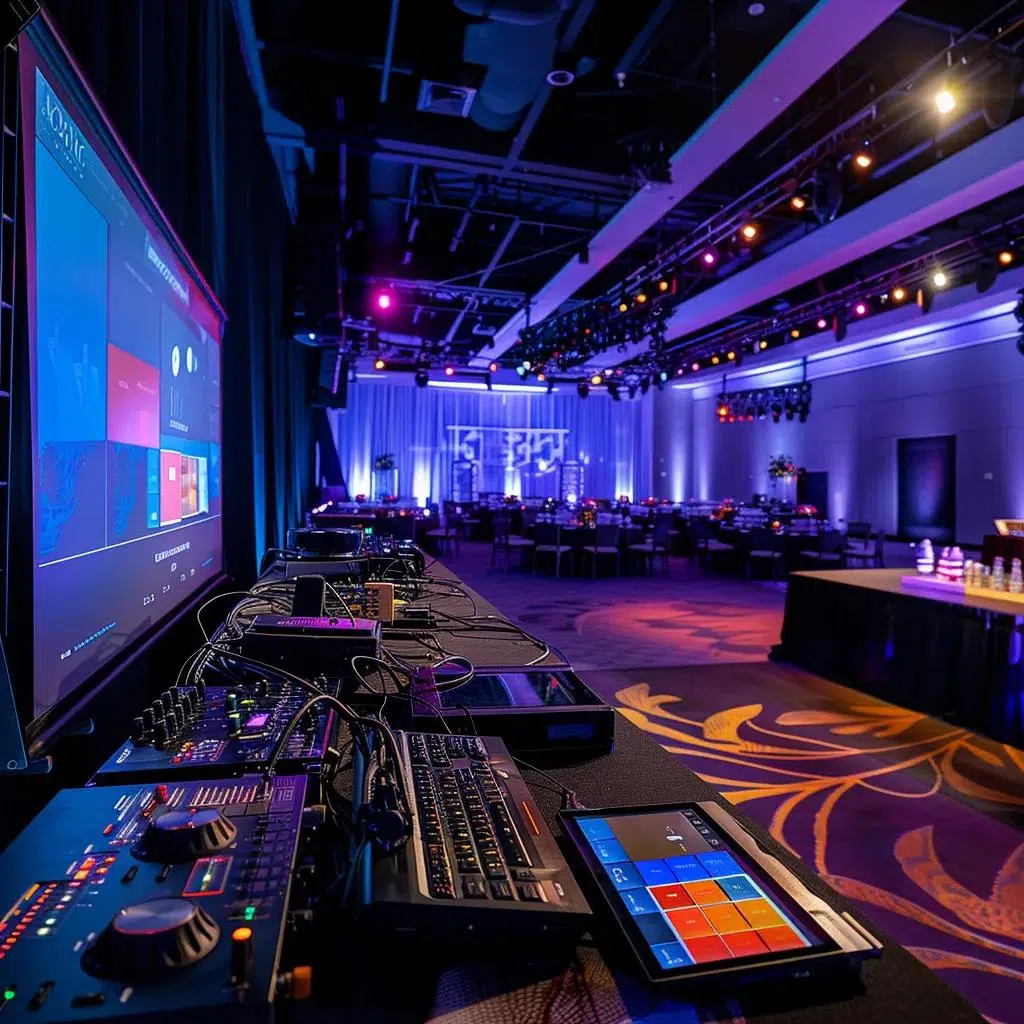 Corporate event setup featuring advanced AV equipment for seamless presentations