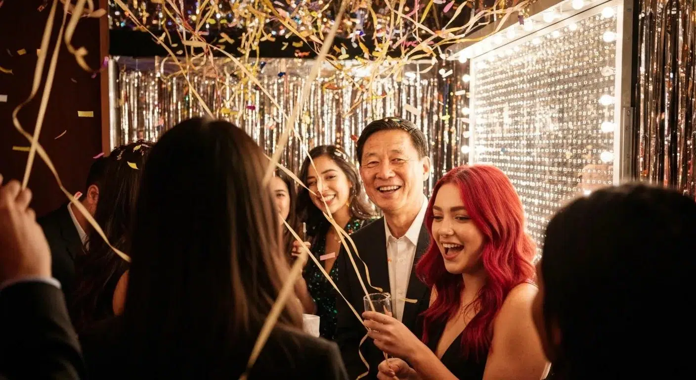 Guests enjoying a themed photo booth with New Year’s Eve props and decorations