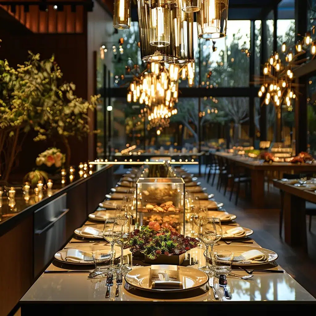 an elegantly arranged banquet table in a sophisticated indoor venue, adorned with minimalist waste solution stations that seamlessly blend functionality with style, reflecting a commitment to cleanliness and class at upscale events.