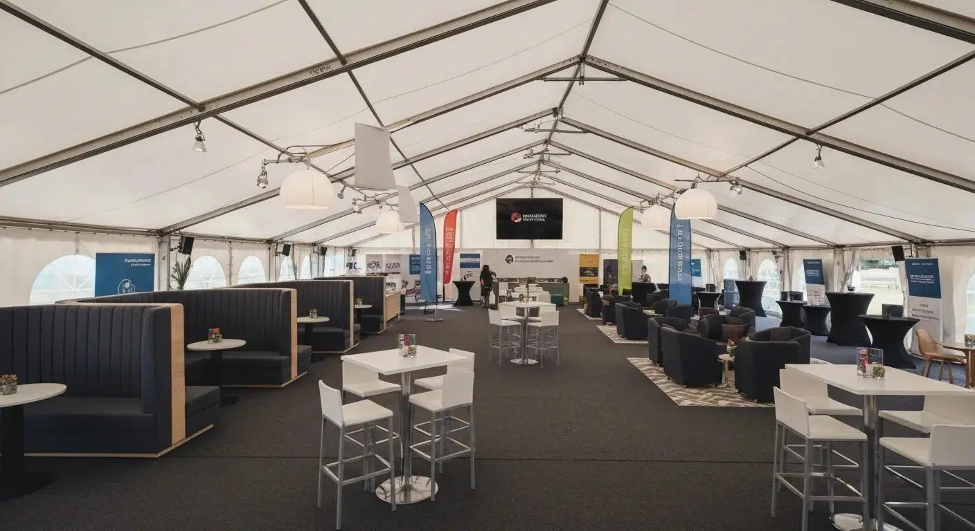 Interior view of a corporate tent showcasing flexible seating and branding