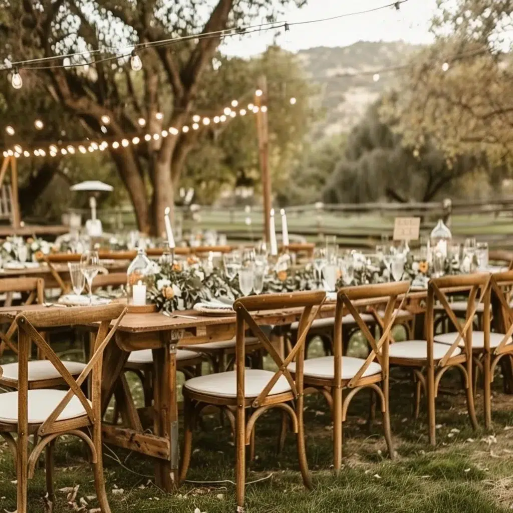 Rustic wedding chairs including Cross-Back and Bentwood styles set around a wooden farm table in an outdoor setting