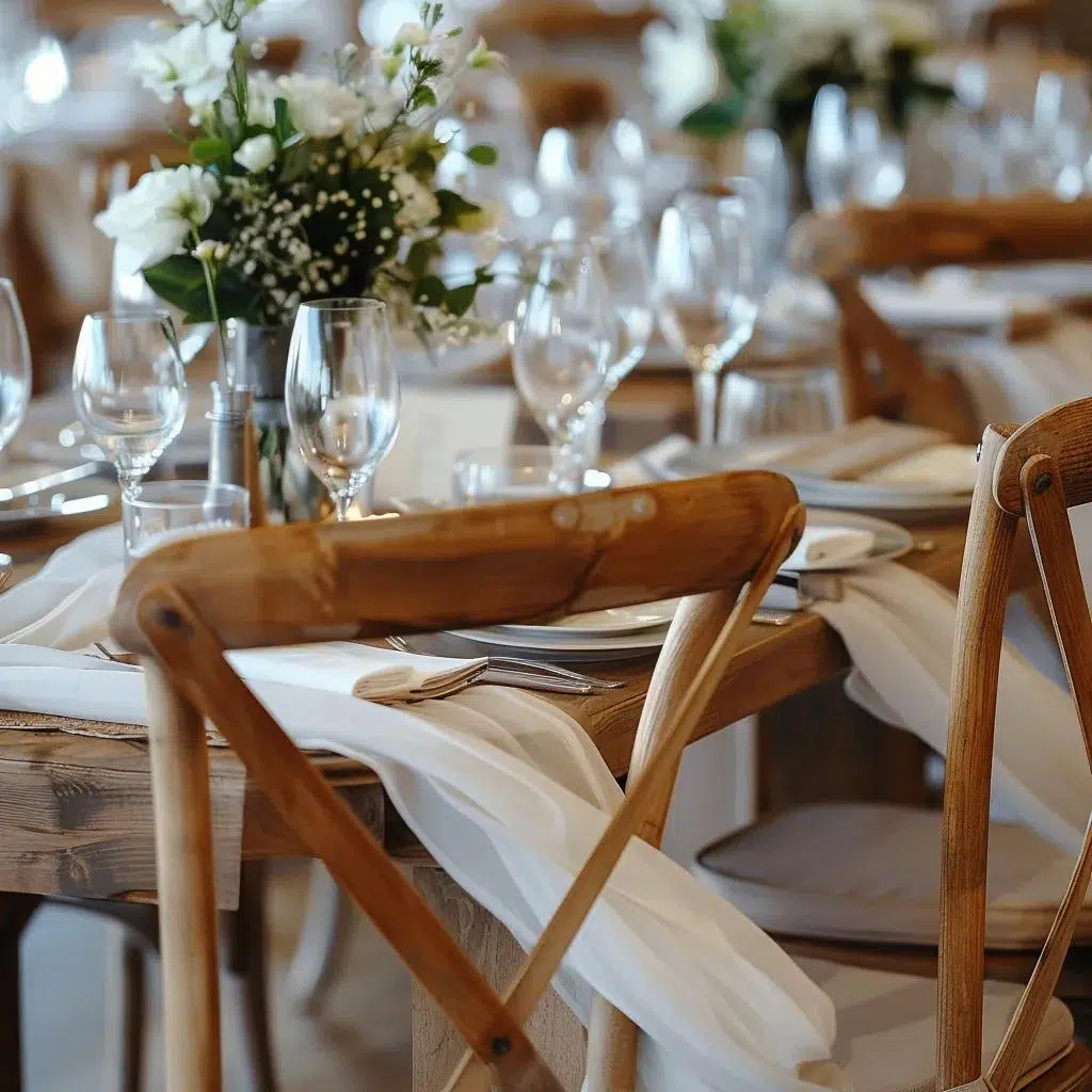 Core wedding rental items including tables, chairs, and tableware in a beautiful arrangement