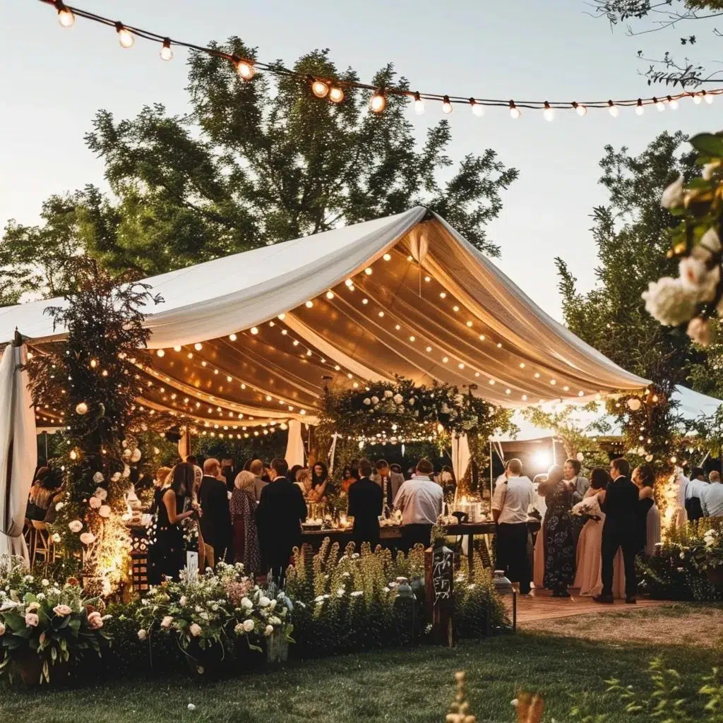 Outdoor wedding tent setup with guests in a garden setting