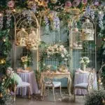 Whimsical wedding décor with vintage elements and pastel flowers creating a charming atmosphere