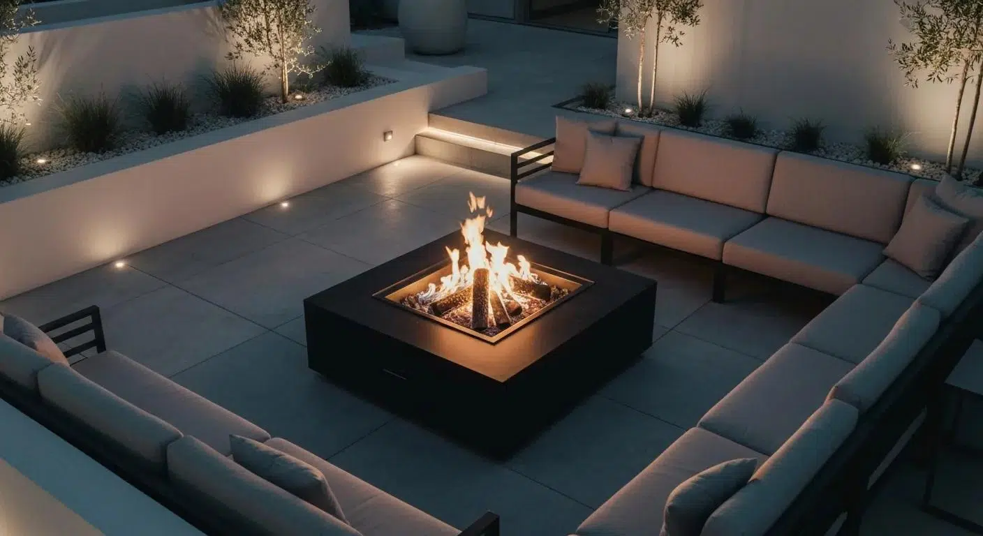 Different heating solutions for outdoor events including patio heaters and a fire pit in a winter setting