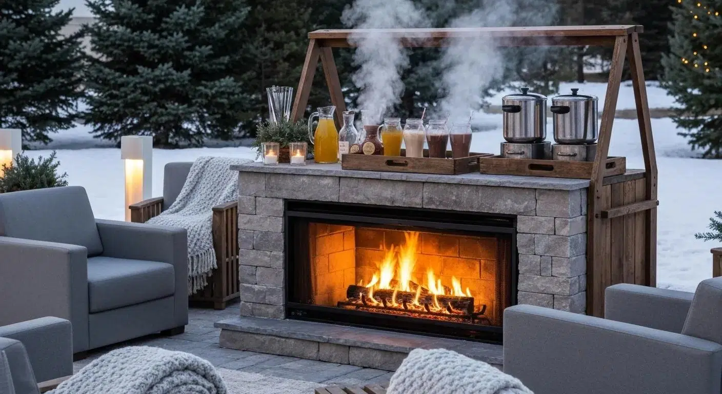 Comfort enhancements for outdoor winter events including heated lounge chairs and a hot beverage station