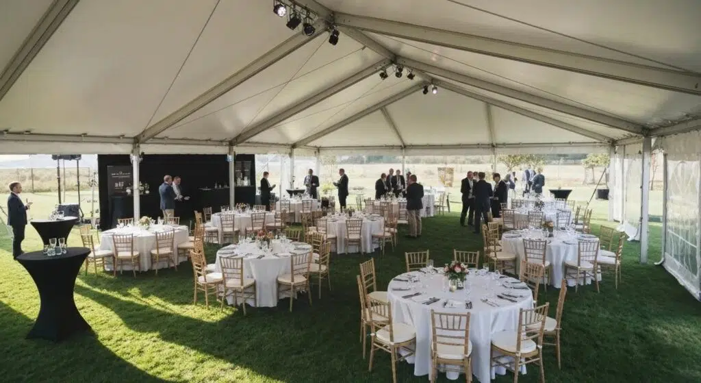 Corporate tent rental setup at a business event with guests networking