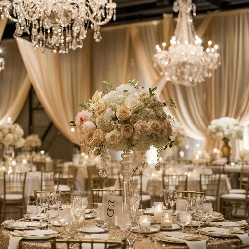 Elegant wedding décor featuring silk drapery and crystal chandeliers enhancing venue sophistication