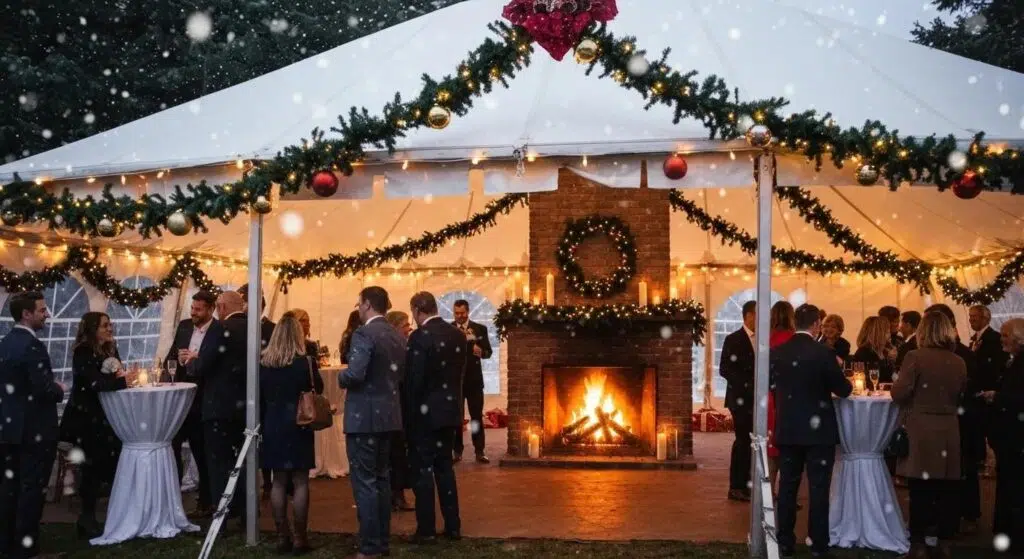 Outdoor holiday party tent setup with festive decorations and guests enjoying a winter celebration
