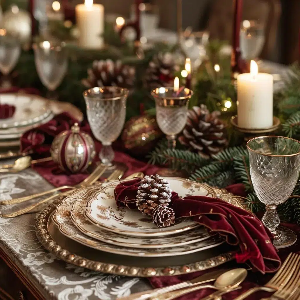Elegant holiday table setting with festive linens and dishware