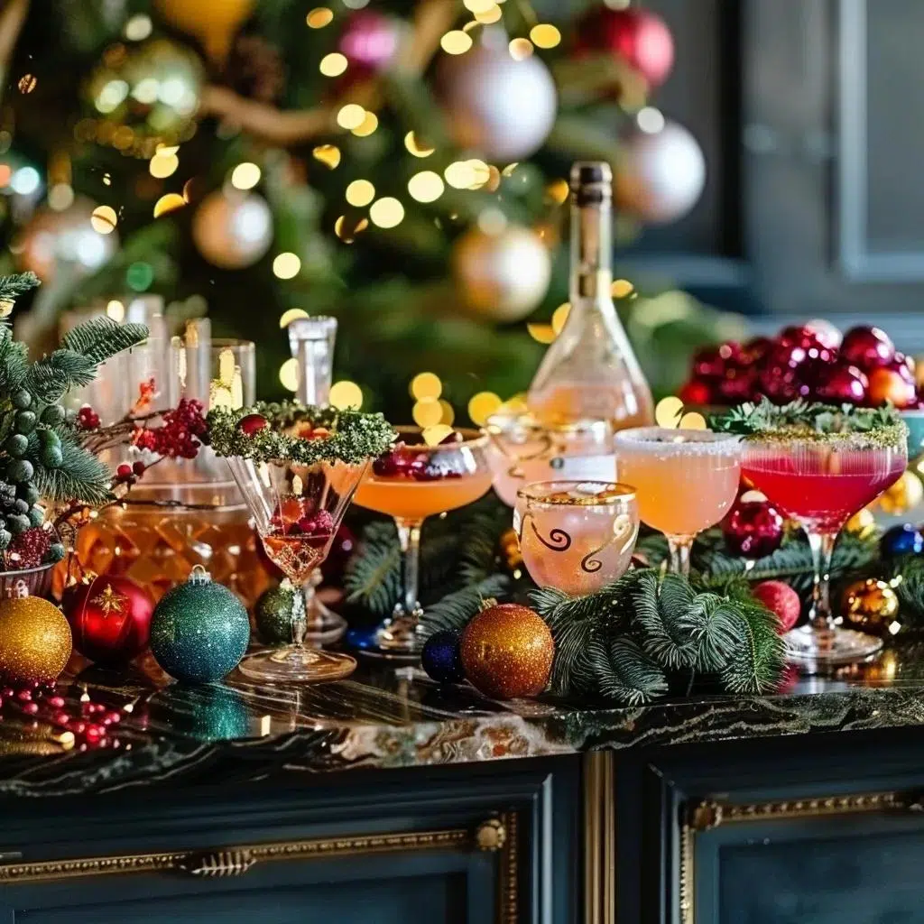 Festively arranged holiday party bar with colorful cocktails and elegant glassware