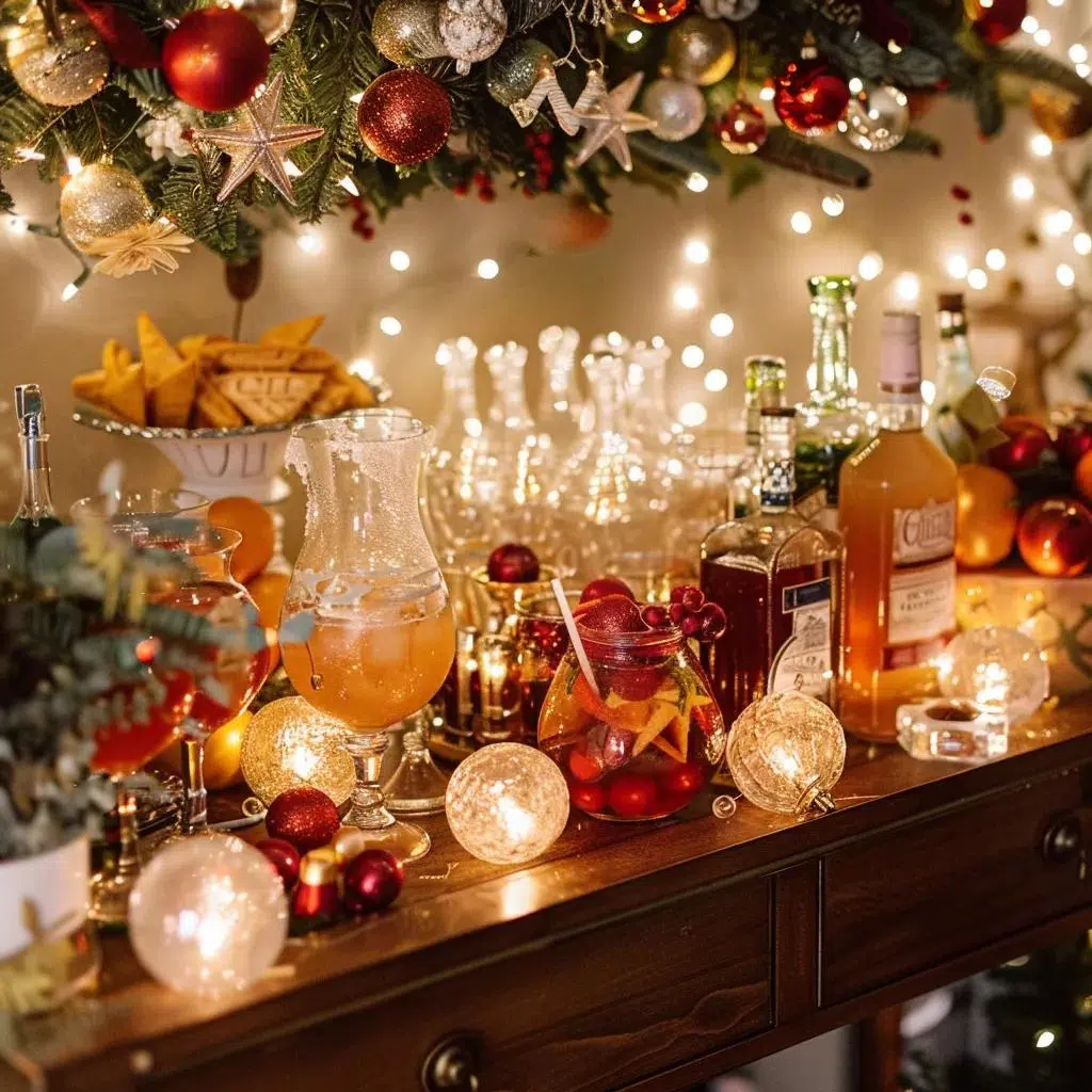 Festive holiday drink station with a variety of beverages and decorative elements