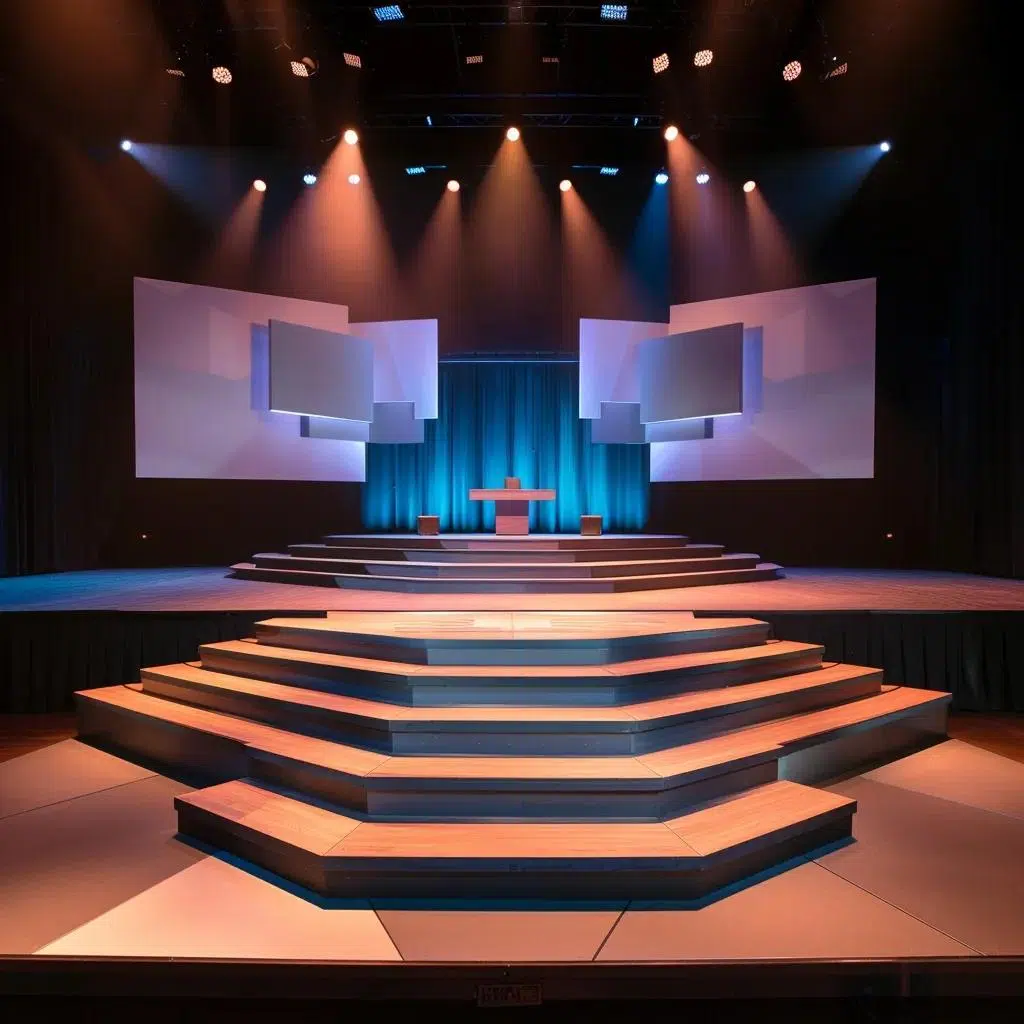 Conference stage setup with multi-tiered platform and podium for presentations